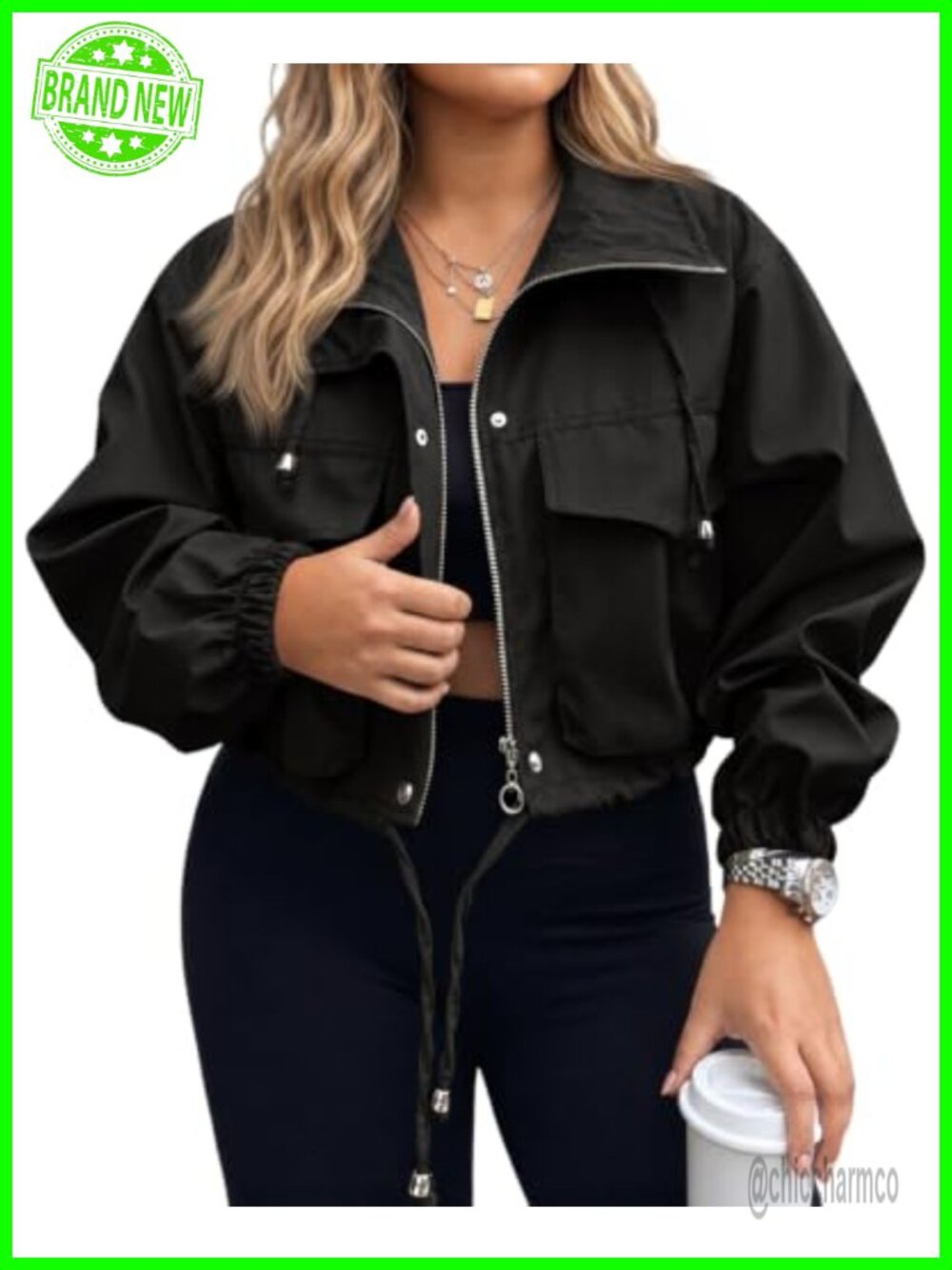Plus Size Cropped Zip Up Lightweight Casual Utility Anorak Jacket with Pockets